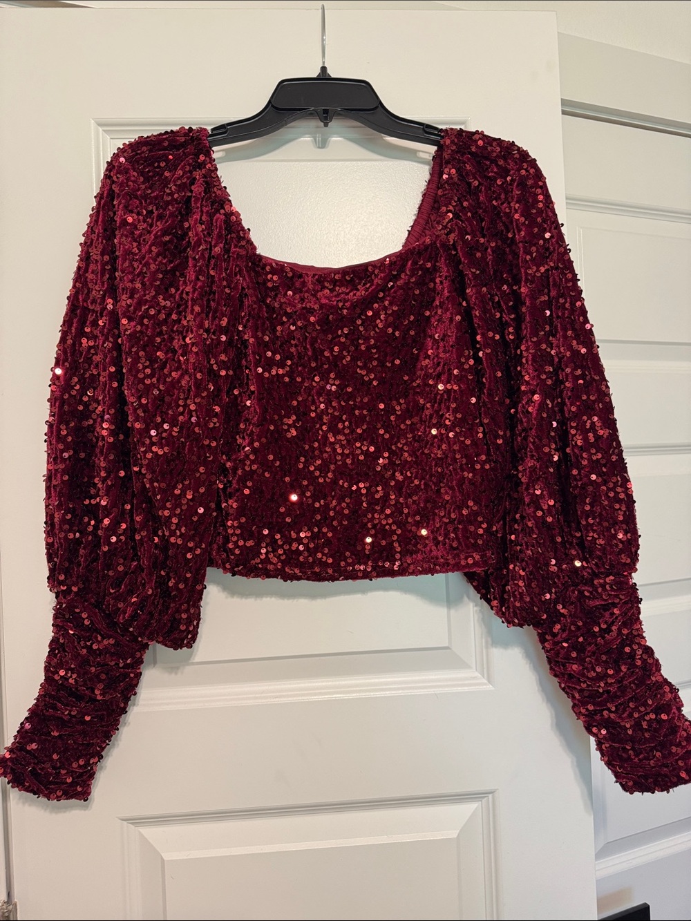 Sequin Velvet Square-Neck Crop Top in Burgundy